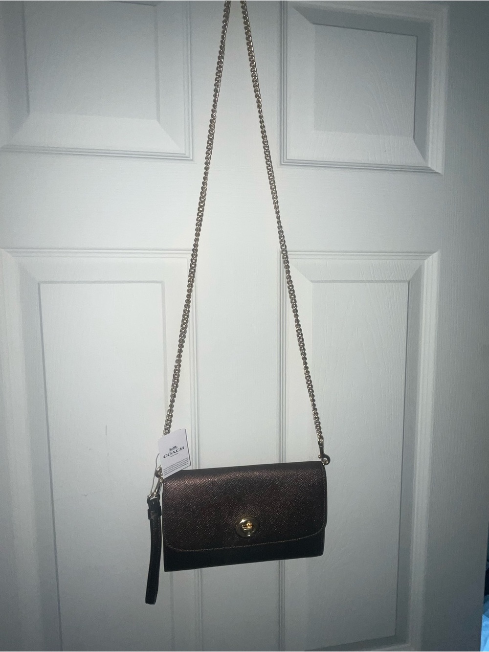 Coach Metallic Brown Crossbody Wallet with Gold Chain